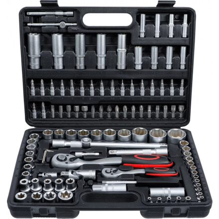 108 részes Super Lock Dugókulcs Készlet 1/4” + 1/2” – Cr‑V, hosszú és rövid fejek, E‑profil, bitkészlet, koffer