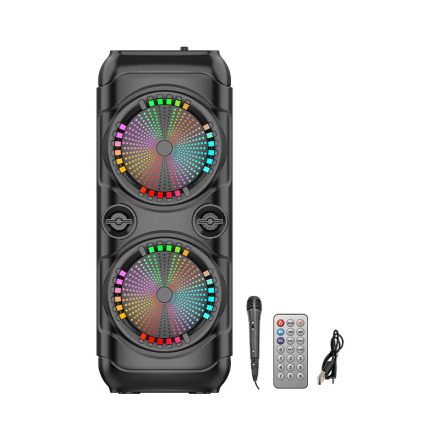 Hordozható Bluetooth hangszóró – 8 colos dupla hangszóró, karaoke mikrofon, erős hangzás, LED fények, hosszú üzemidő